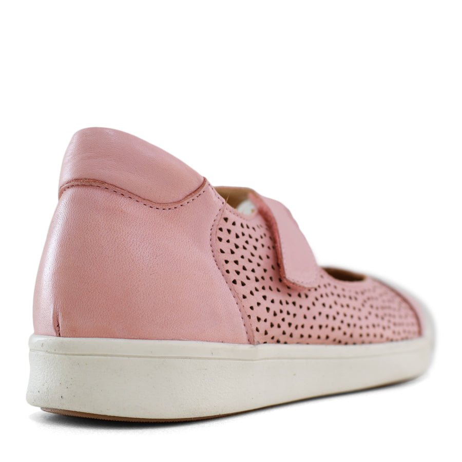 BACK VIEW OF PINK CASUAL SHOE WITH VELCRO STRAP AND SPECKLE CUT OUT DETAILING ON THE SIDES 