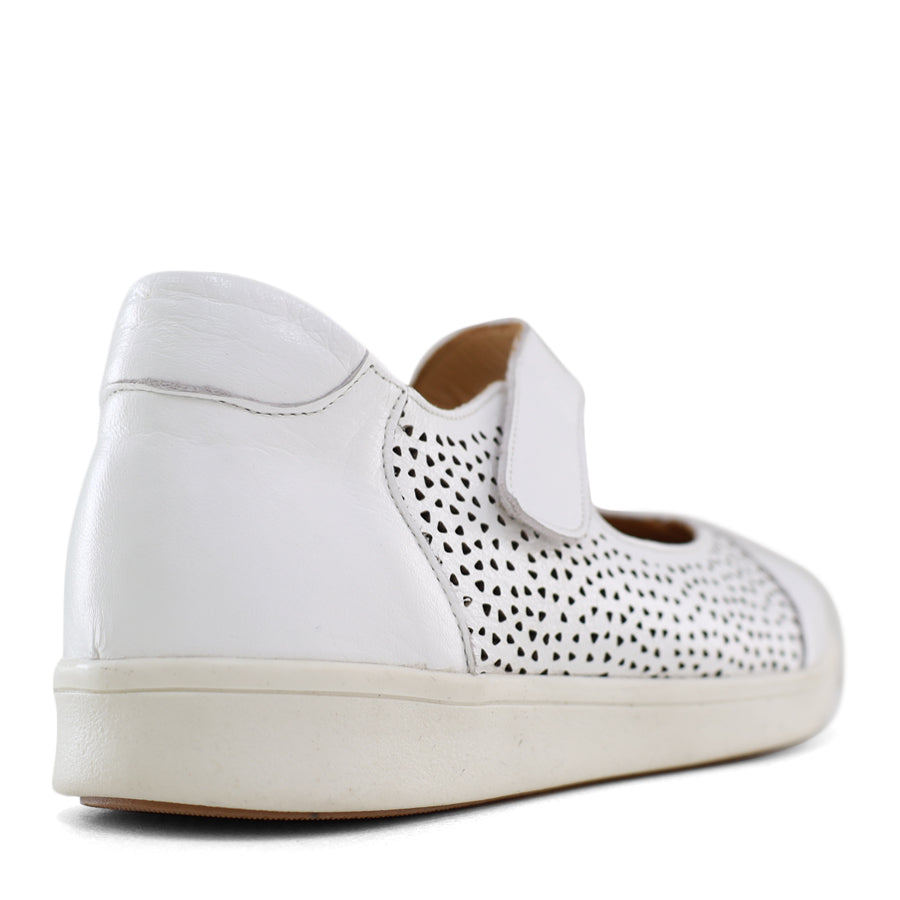 BACK VIEW OF WHITE CASUAL SHOE WITH VELCRO STRAP AND SPECKLE CUT OUT DETAILING ON THE SIDES 