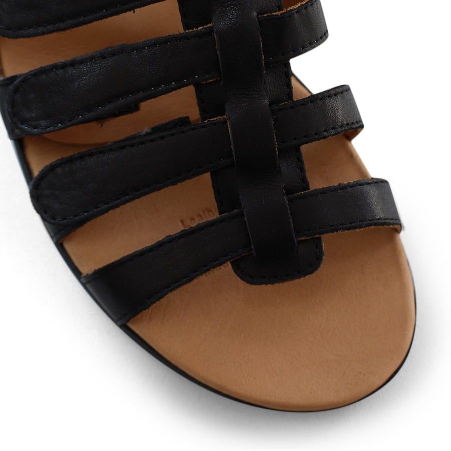 FRONT VIEW OF BLACK T BAR SANDAL WITH VELCRO STRAP AND SMALL HEEL 