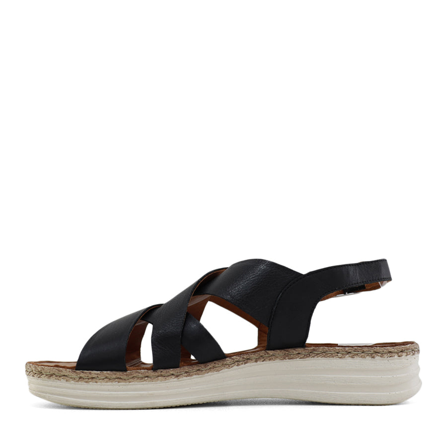 SIDE VIEW BLACK OF INTERWOVEN SLINGBACK SANDAL WITH BUCKLE