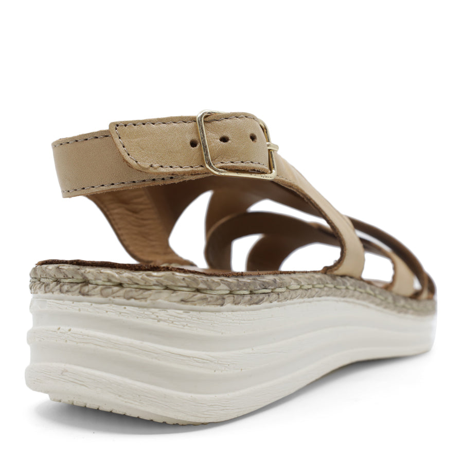 BACK VIEW BEIGE OF INTERWOVEN SLINGBACK SANDAL WITH BUCKLE