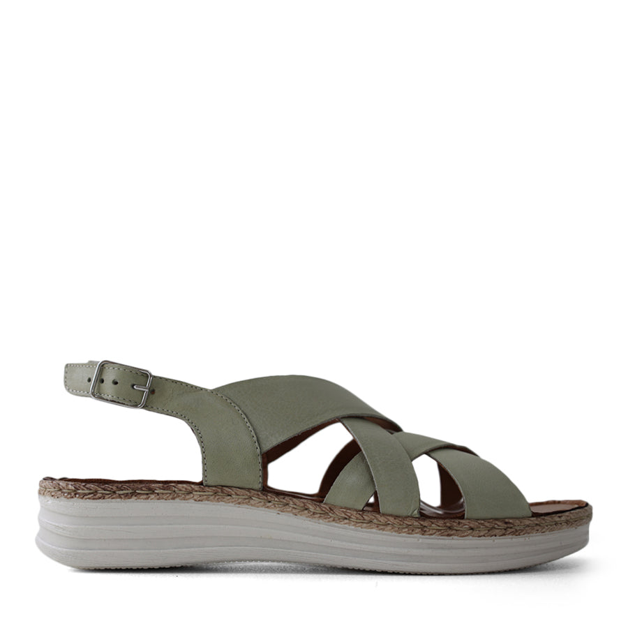 SIDE VIEW GREEN OF INTERWOVEN SLINGBACK SANDAL WITH BUCKLE