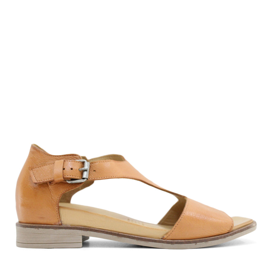 SIDE VIEW ORANGE T BAR SANDAL WITH SQAURE TOE AND ADJUSTABLE BUCKLE 