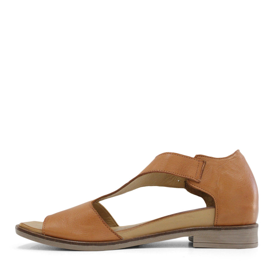 SIDE VIEW ORANGE T BAR SANDAL WITH SQAURE TOE AND ADJUSTABLE BUCKLE