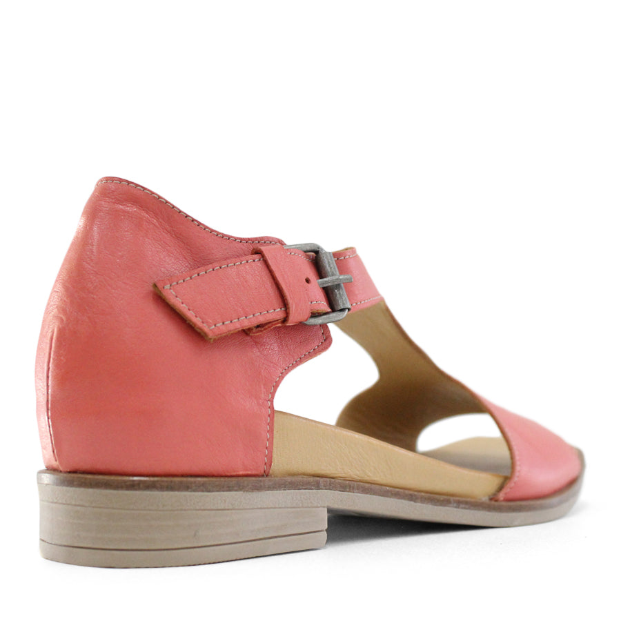 BACK VIEW PINK T BAR SANDAL WITH SQAURE TOE AND ADJUSTABLE BUCKLE 