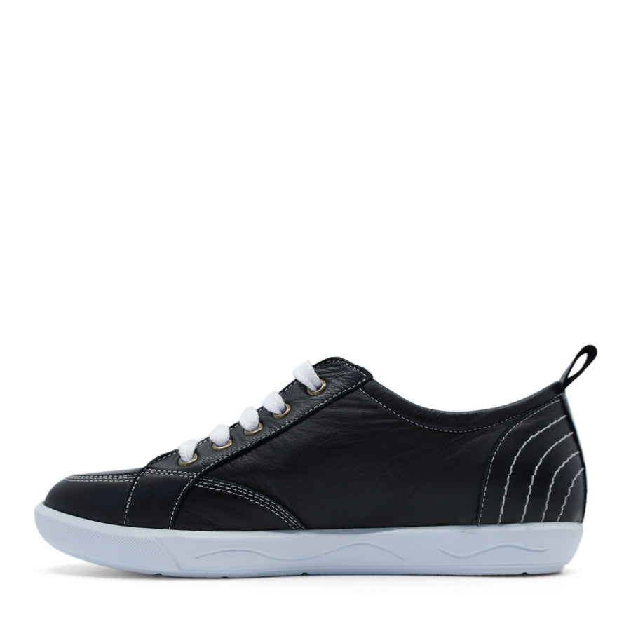 SIDE VIEW OF BLACK LACE UP SNEAKER WITH WHITE STITCHING AND SOLE 