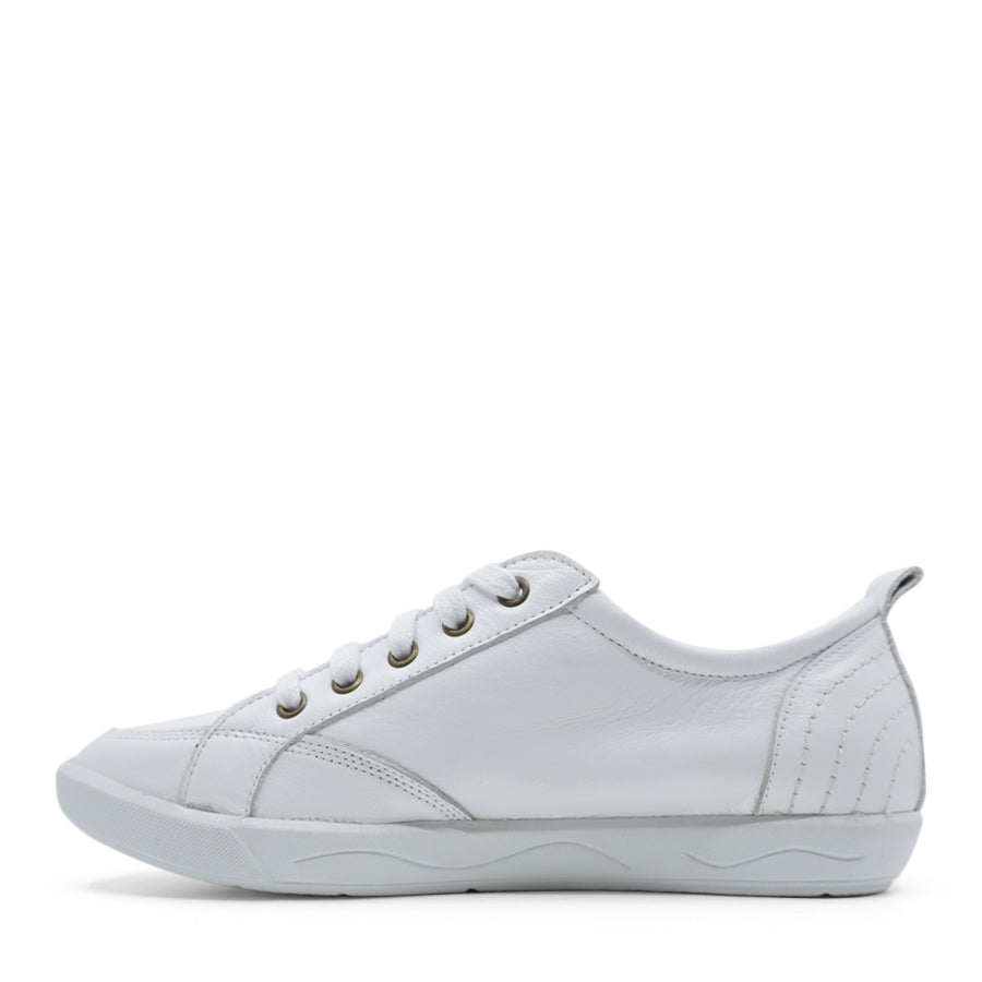 SIDE VIEW OF WHITE LACE UP SNEAKER WITH WHITE SOLE AND STITCHING