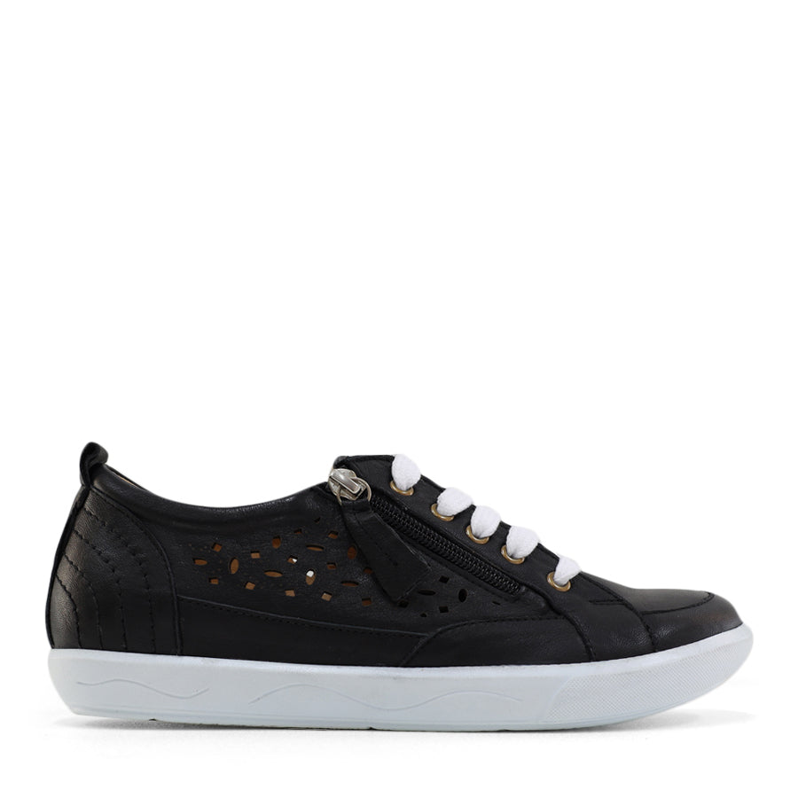 SIDE VIEW OF BLACK LACE UP SNEAKER WITH SIDE ZIP AND CUT OUT DETAILING 