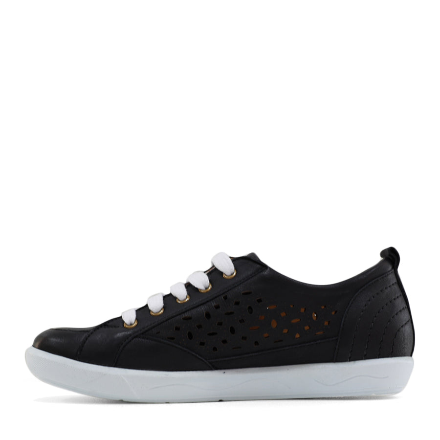 SIDE VIEW OF BLACK LACE UP SNEAKER WITH SIDE ZIP AND CUT OUT DETAILING 