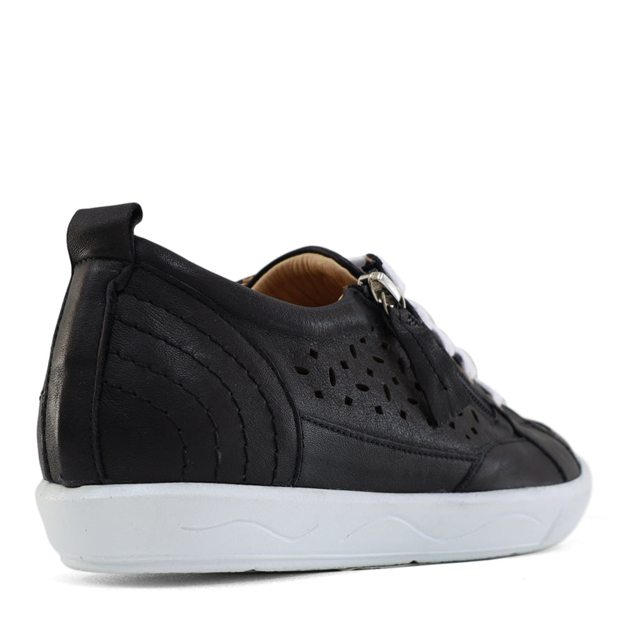 BACK VIEW OF BLACK LACE UP SNEAKER WITH SIDE ZIP AND CUT OUT DETAILING 