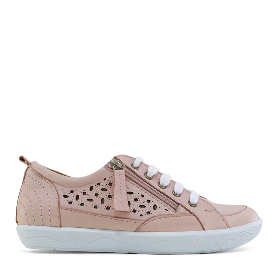 SIDE VIEW OF PINK LACE UP SNEAKER WITH SIDE ZIP AND CUT OUT DETAILING 