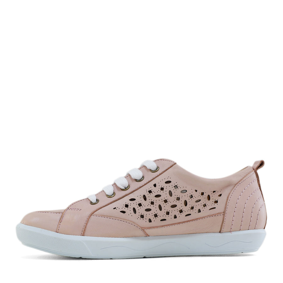 SIDE VIEW OF PINK LACE UP SNEAKER WITH SIDE ZIP AND CUT OUT DETAILING 