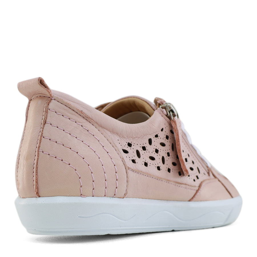 BACK VIEW OF PINK LACE UP SNEAKER WITH SIDE ZIP AND CUT OUT DETAILING 