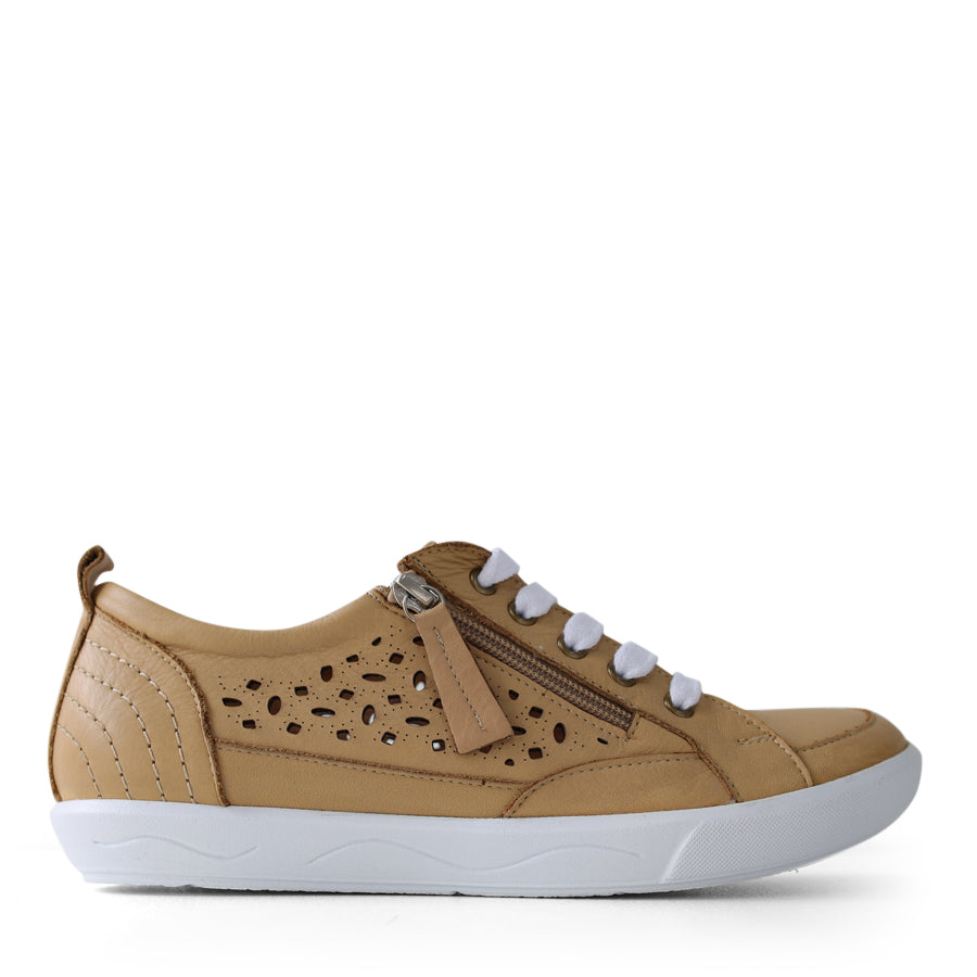 SIDE VIEW OF TAN LACE UP SNEAKER WITH SIDE ZIP AND CUT OUT DETAILING 