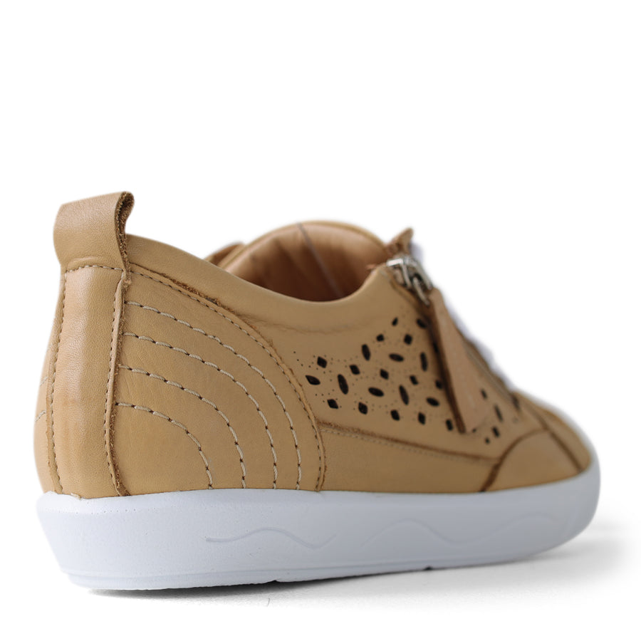 BACK VIEW OF TAN LACE UP SNEAKER WITH SIDE ZIP AND CUT OUT DETAILING