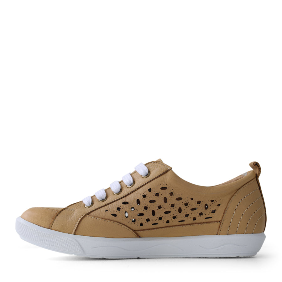 SIDE VIEW OF TAN LACE UP SNEAKER WITH SIDE ZIP AND CUT OUT DETAILING