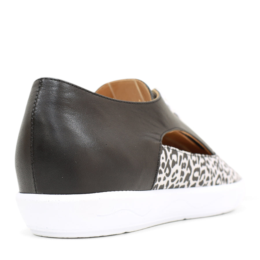 BACK VIEW OF BLACK CASUAL LACE UP SHOE WITH LEOPARD PRINT FRONT AND SIDE CUT OUTS