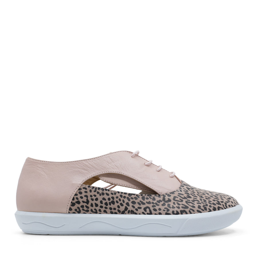 SIDE VIEW OF PINK CASUAL LACE UP SHOE WITH LEOPARD PRINT FRONT AND SIDE CUT OUTS