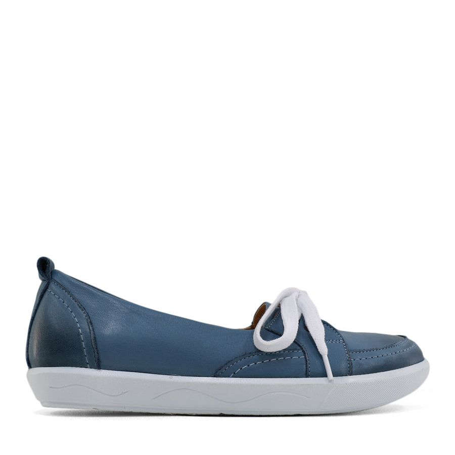SIDE VIEW OF BLUE CASUAL SHOE WITH LACES AT THE FRONT AND WHITE SOLE 