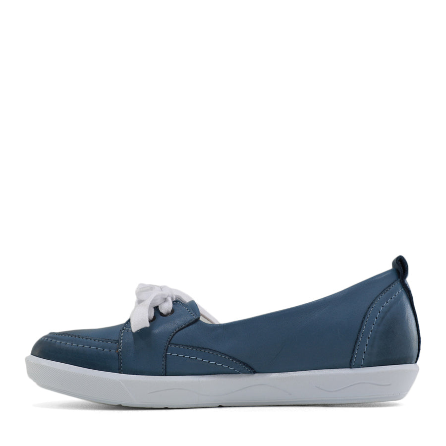 SIDE VIEW OF BLUE CASUAL SHOE WITH LACES AT THE FRONT AND WHITE SOLE 