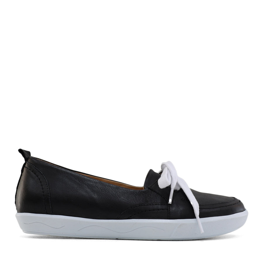 SIDE VIEW OF BLACK CASUAL SHOE WITH LACES AT THE FRONT AND WHITE SOLE 