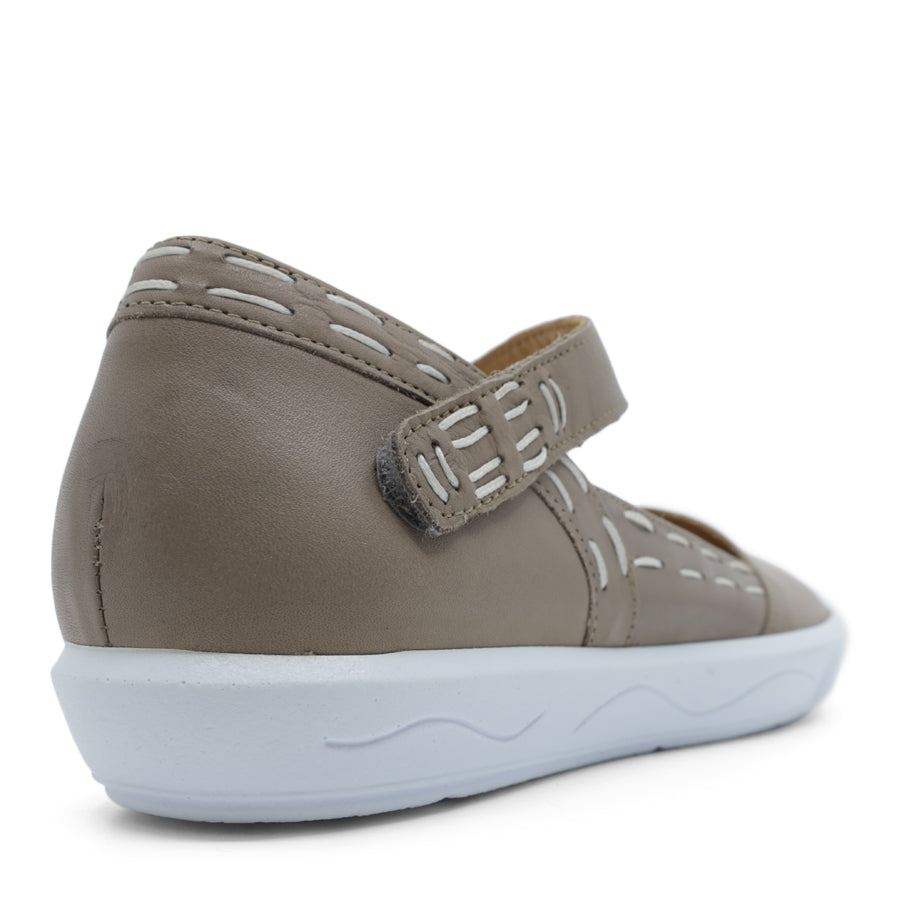 BACK VIEW OF GREY CASUAL SHOE WITH STRAP, WHITE STITCH DETAIL AND WHITE SOLE 