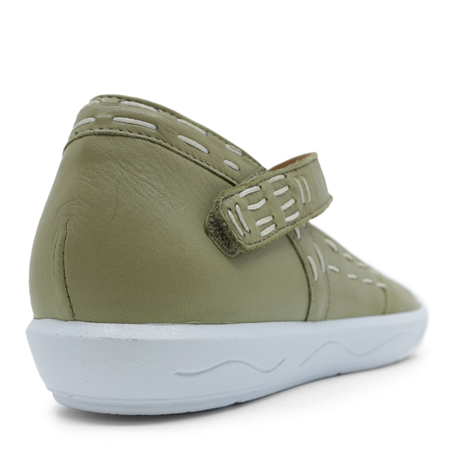 BACK VIEW OF GREEN CASUAL SHOE WITH STRAP, WHITE STITCH DETAIL AND WHITE SOLE