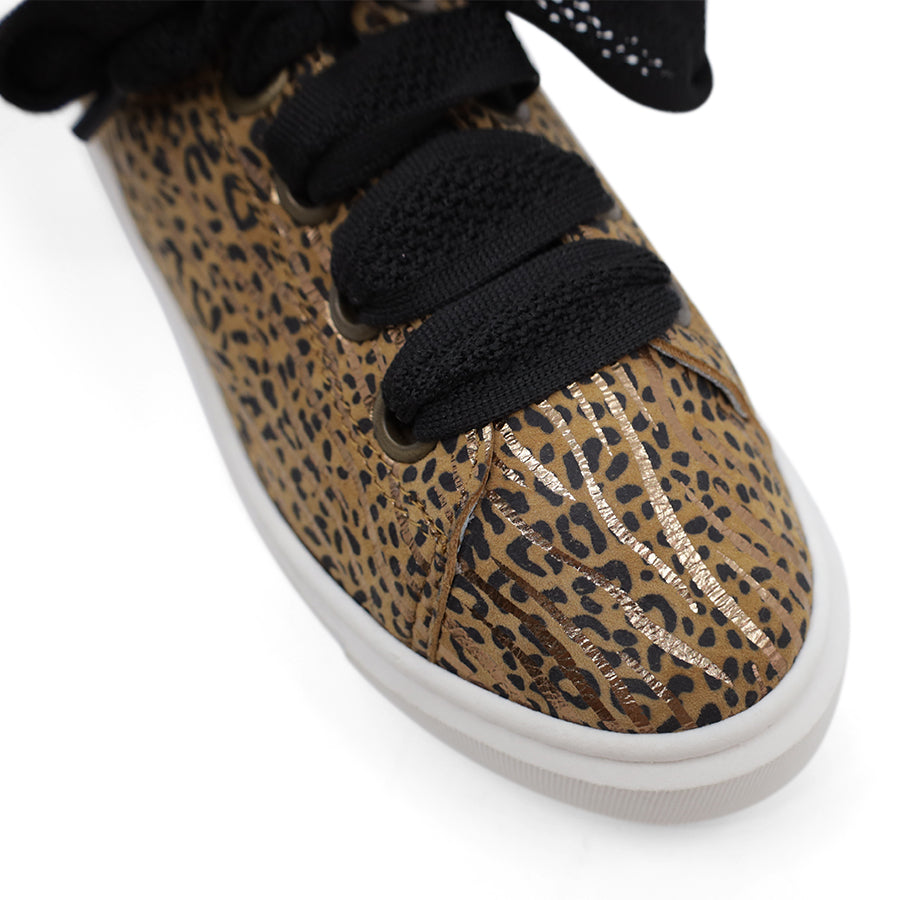 FRONT VIEW OF CASUAL LACE UP SHOE BEIGE LEOPARD PRINT WITH GOLD SHIMMER