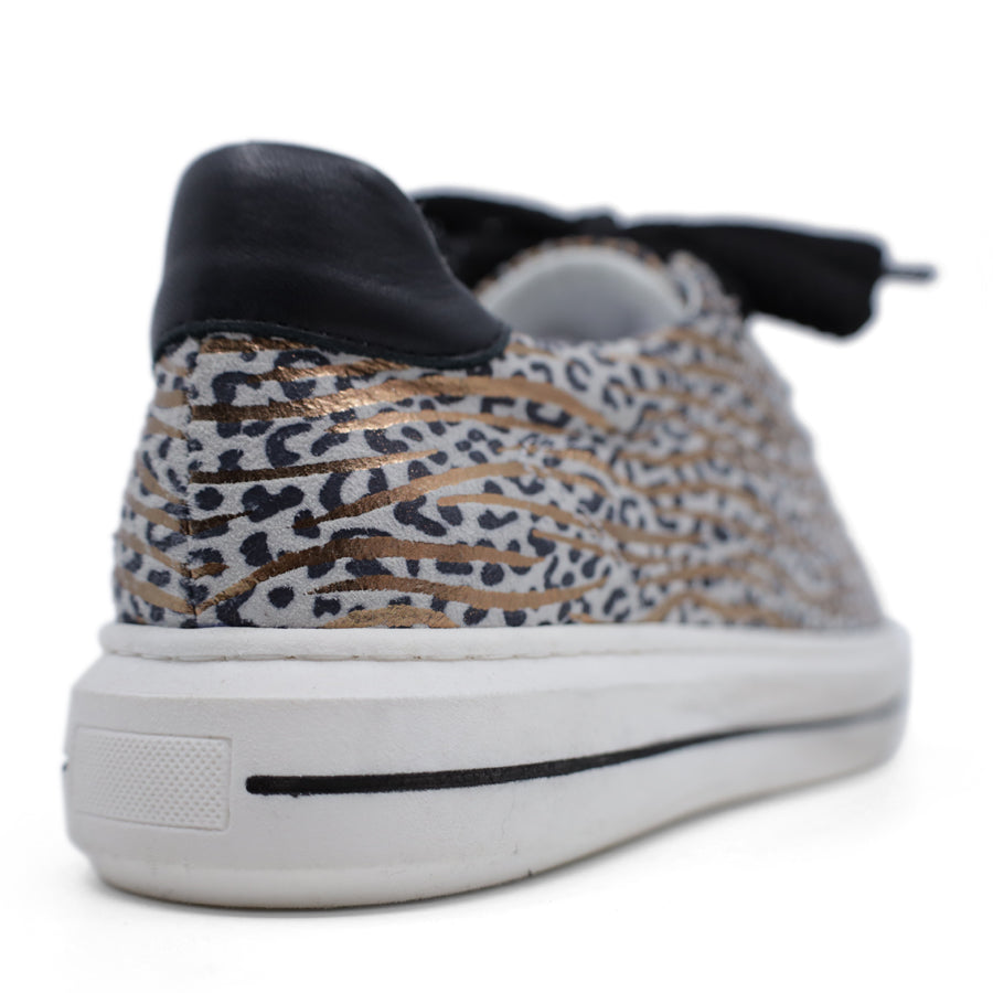 BACK VIEW OF CASUAL LACE UP SHOE WHITE LEOPARD PRINT WITH GOLD SHIMMER