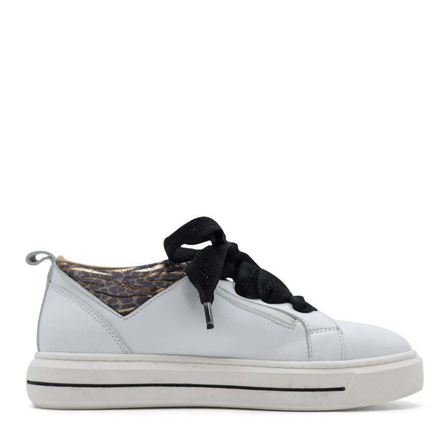 SIDE VIEW OF WHITE CASUAL LACE UP SHOE WITH SMALL LEOPARD AND GOLD DETAIL ON THE SIDES 