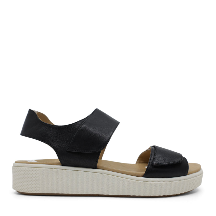 SIDE VIEW OF METALLIC BLACK SANDAL WITH TWO VELCRO STRAPS AND WHITE SOLE