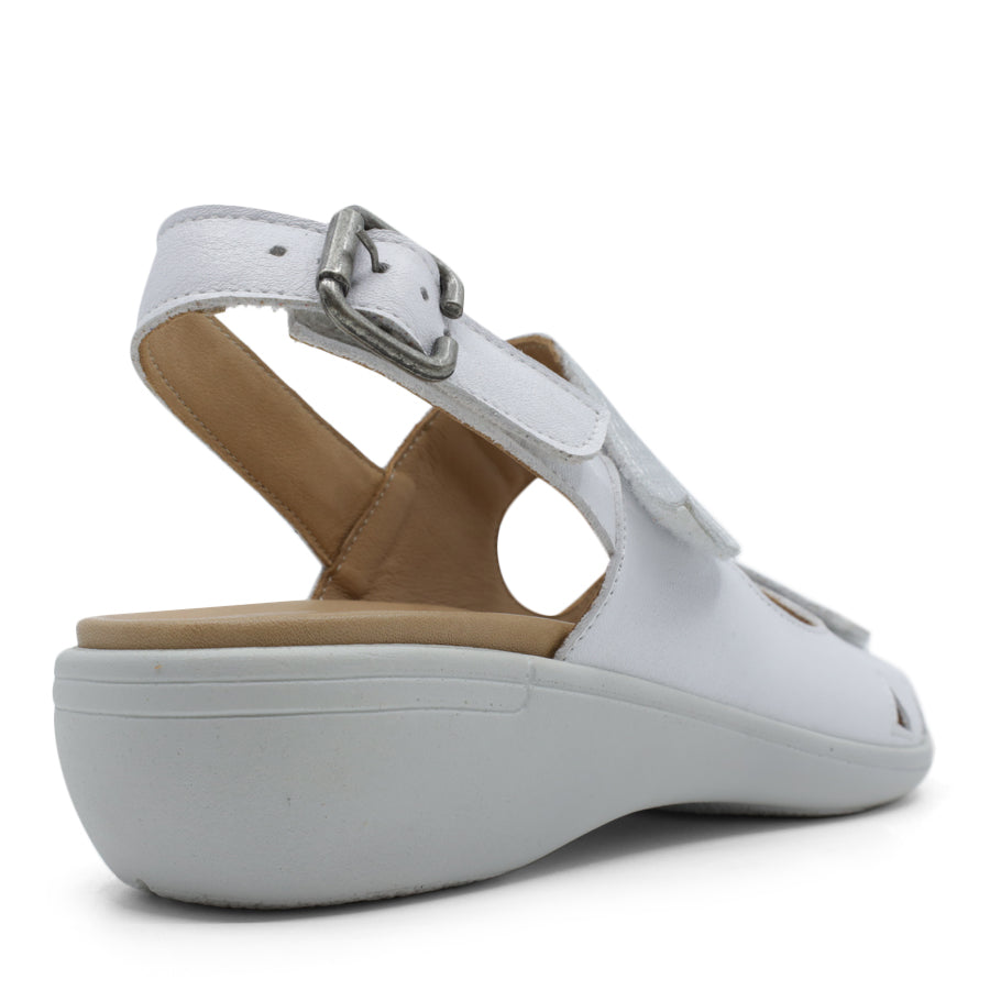 BACK VIEW OF WHITE Y BACK SANDAL WITH BUCKLE AND CUT OUT DETAILLING NEAR TOES