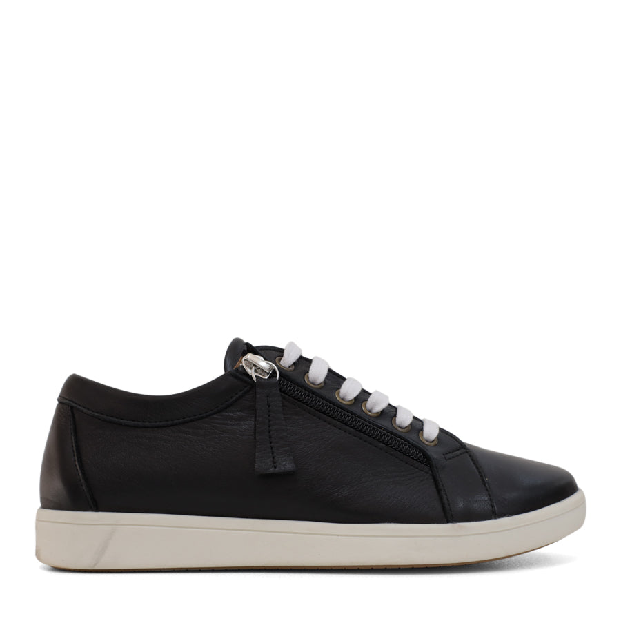 SIDE VIEW OF BLACK LACE UP SNEAKER WITH SIDE ZIP AND WHITE SOLE