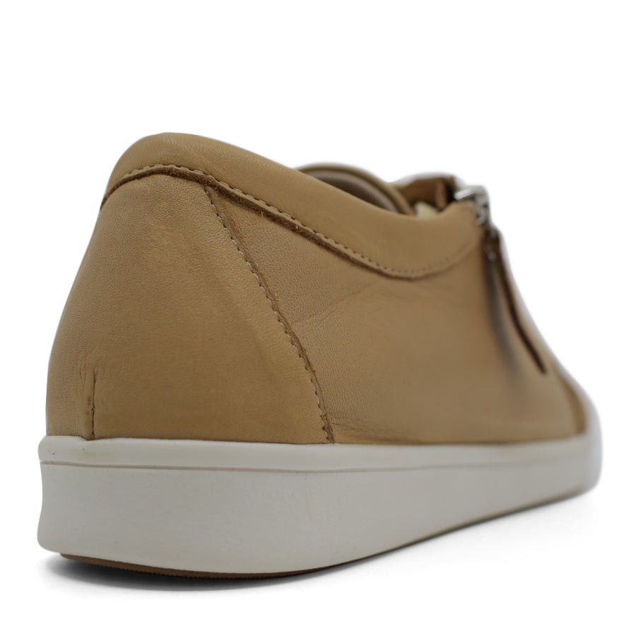 BACK VIEW OF TAN LACE UP SNEAKER WITH SIDE ZIP AND WHITE SOLE 