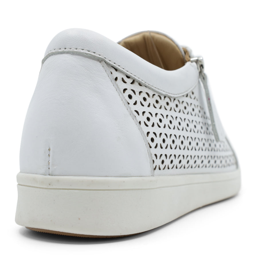 BACK VIEW OF WHITE LACE UP SNEAKER WITH SIDE ZIP AND WHITE SOLE. PERFORATED DETAIL ON SIDE PANELS 