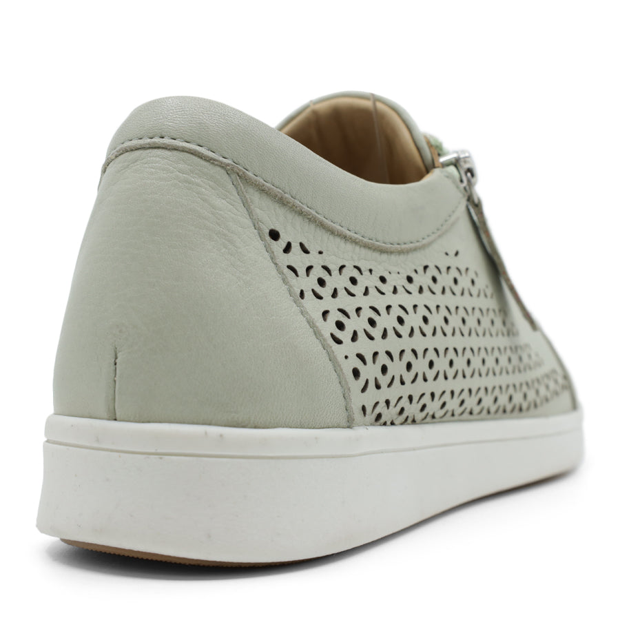 BACK VIEW OF GREEN LACE UP SNEAKER WITH SIDE ZIP AND WHITE SOLE. PERFORATED DETAIL ON SIDE PANELS 