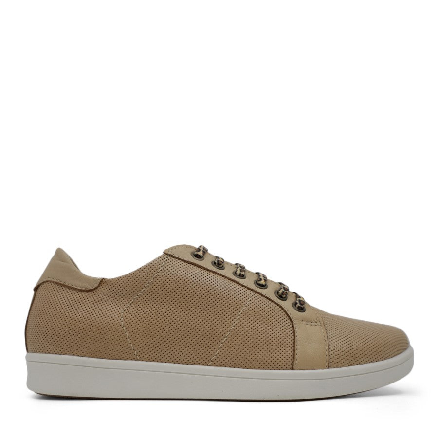 SIDE VIEW OF BEIGE LACE UP SNEAKER WITH WHITE SOLE AND LEOPARD PRINT SHOE LACES 