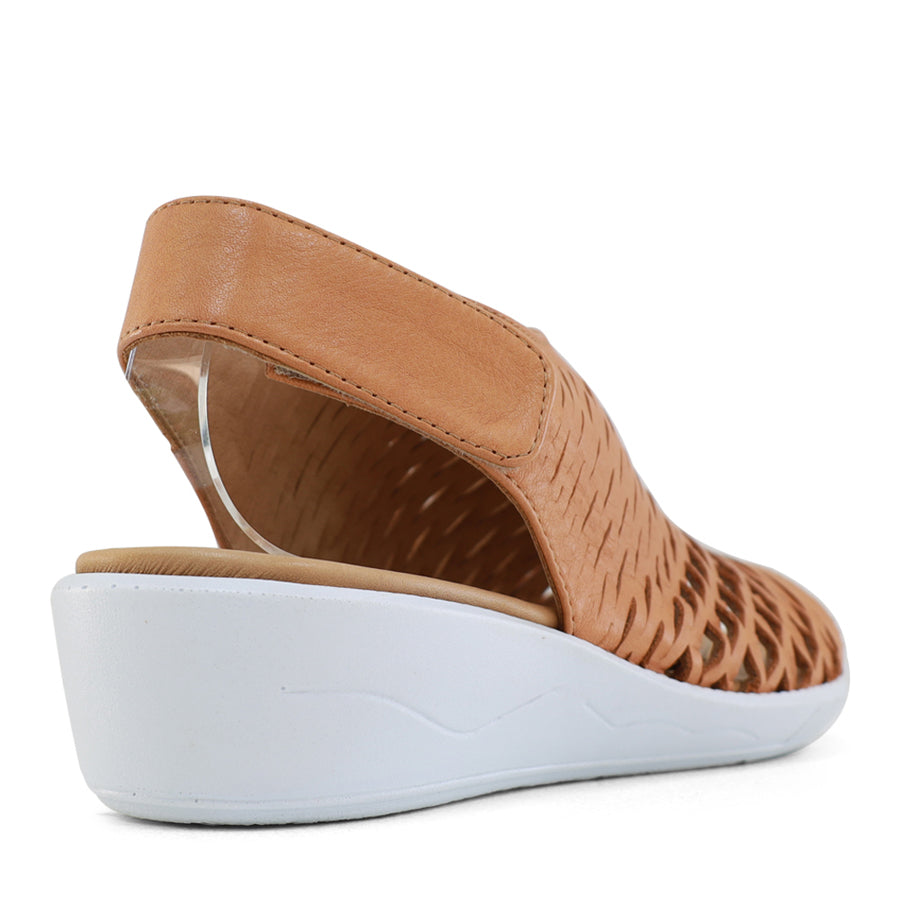 BACK VIEW OF TAN OPEN TOE SANDAL WITH WHITE SOLE AND VELCRO STRAP AROUND THE HEEL 