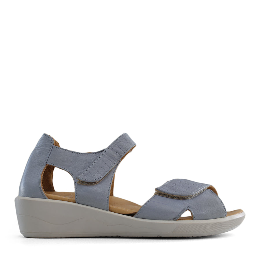 SIDE VIEW OF BLUE OPEN TOE SANDAL WITH TWO VELCRO STRAPS AND WHITE SOLE