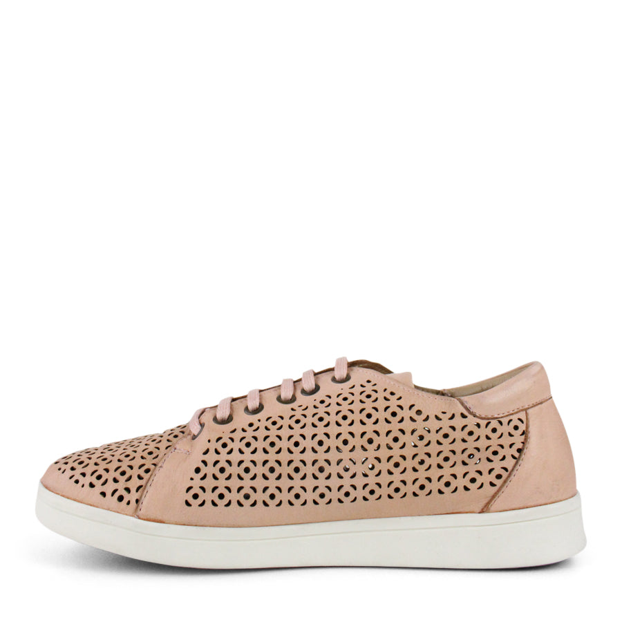 SIDE VIEW OF SALMON COLOURED LACE UP CASUAL SHOE WITH SPECKLE CUT OUT DETAILING  
