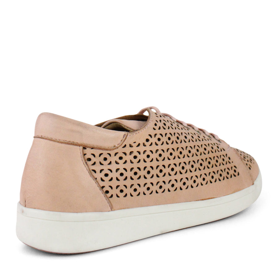 BACK VIEW OF SALMON COLOURED LACE UP CASUAL SHOE WITH SPECKLE CUT OUT DETAILING  