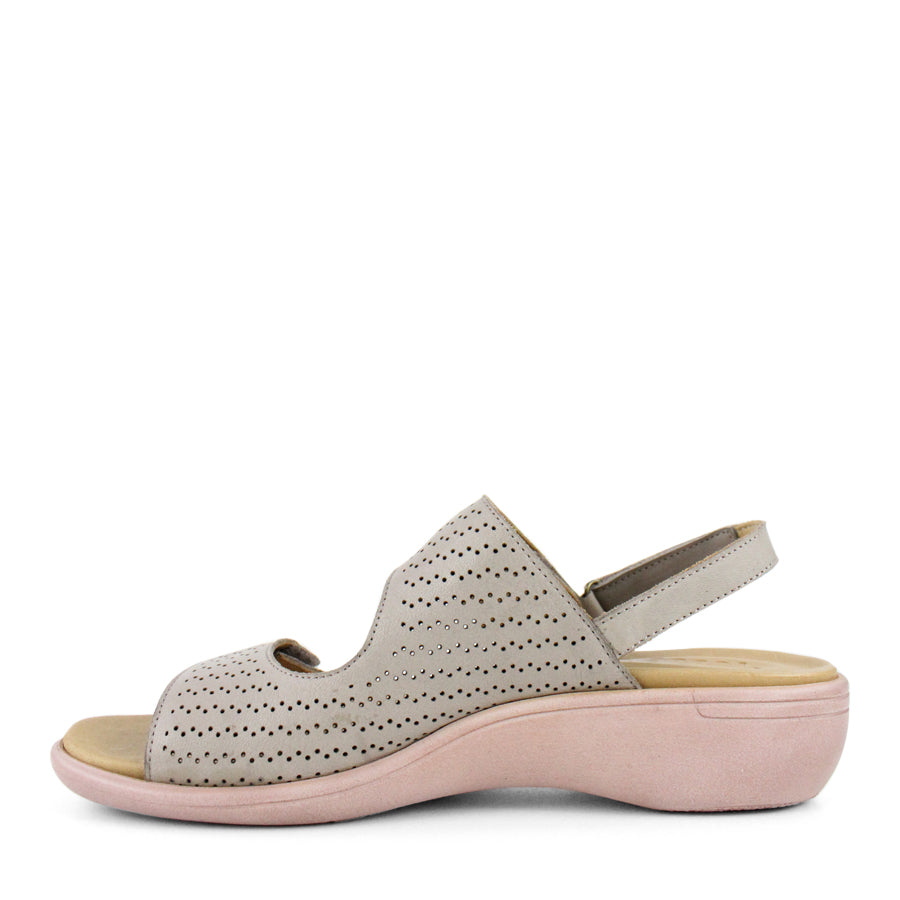 SIDE VIEW OF GREY Y BACK SANDAL WITH VELCRO ADJUSTABLE STRAPS AND PERFORATED DETAILING
