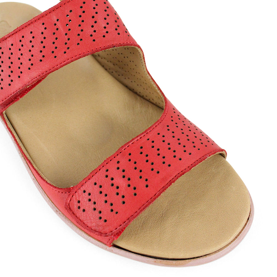 FRONT VIEW OF RED Y BACK SANDAL WITH VELCRO ADJUSTABLE STRAPS AND PERFORATED DETAILING 
