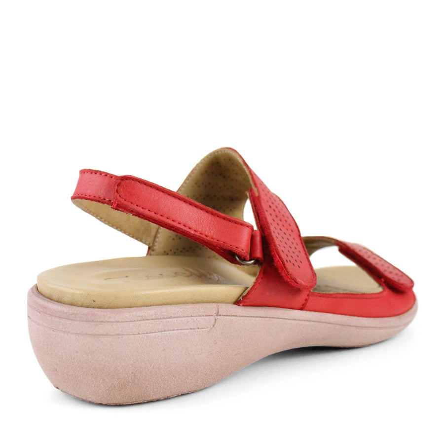BACK VIEW OF RED Y BACK SANDAL WITH VELCRO ADJUSTABLE STRAPS AND PERFORATED DETAILING 
