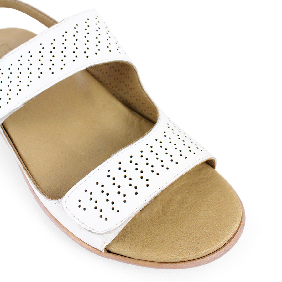 FRONT VIEW OF WHITE Y BACK SANDAL WITH VELCRO ADJUSTABLE STRAPS AND PERFORATED DETAILING 