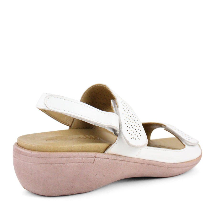 BACK VIEW OF WHITE Y BACK SANDAL WITH VELCRO ADJUSTABLE STRAPS AND PERFORATED DETAILING 